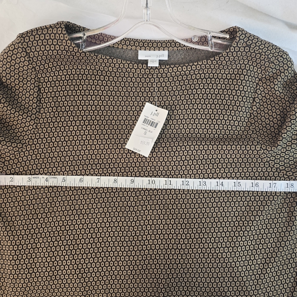 J. JILL Sz Small Ponte 3/4 Sleeve Geometric Print Top Brown Tan Black Pockets - Picture 7 of 13